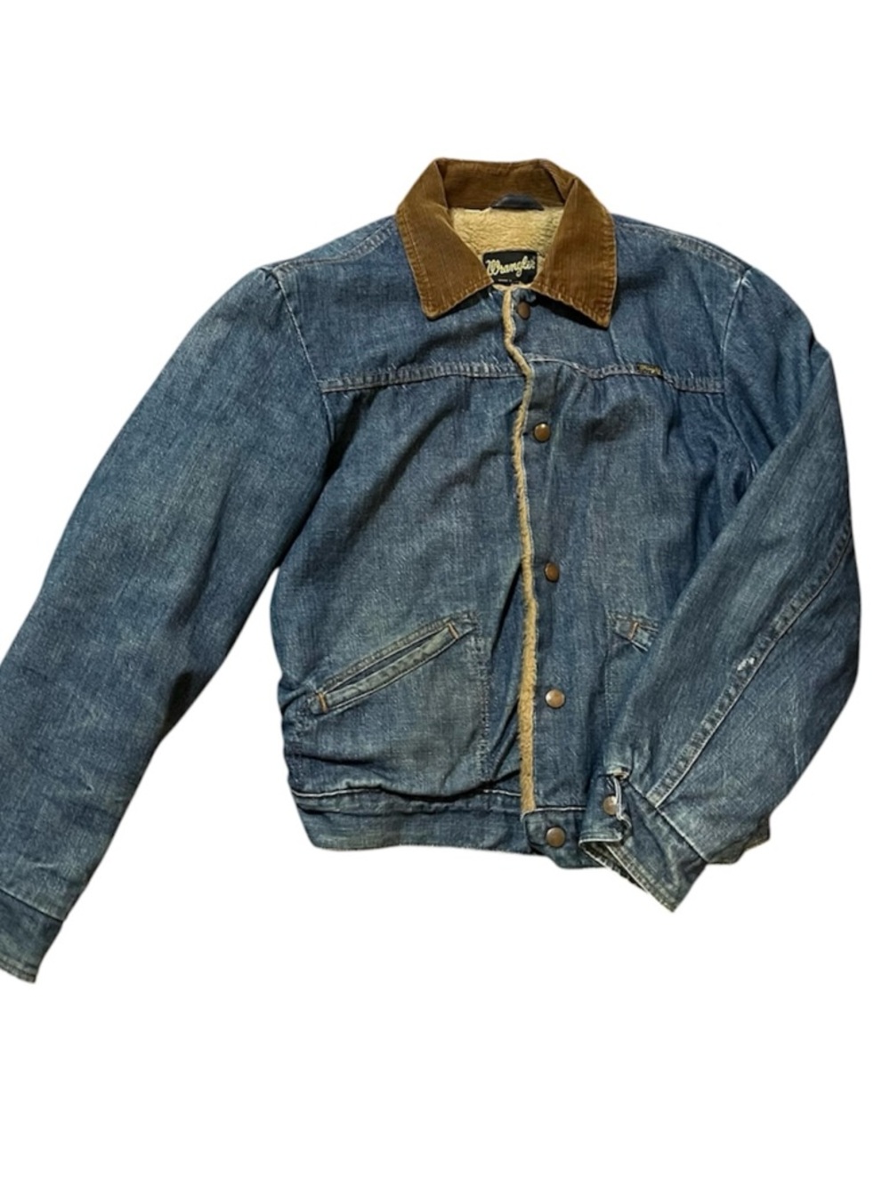VTG 70s Wrangler Sherpa Lined Denim Trucker Jacket Corduroy Collar Western
